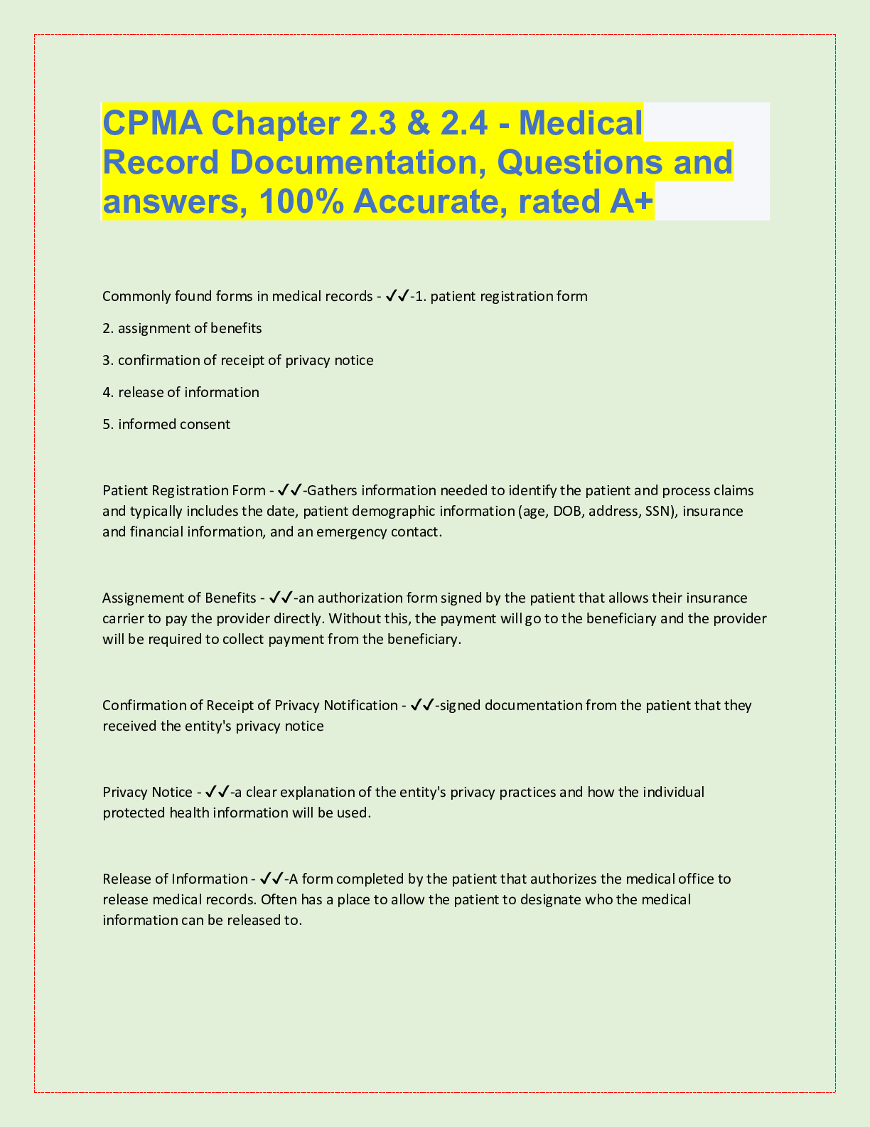 Preview image for CPMA Chapter 2.3 & 2.4 - Medical  Record Documentation, Questions and  answers, 100% Accurate, rated A+
